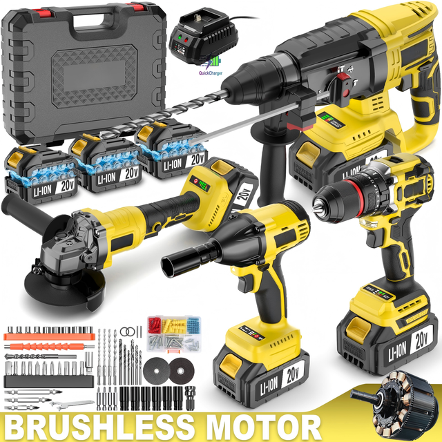 Best 21V Battery Cordless Brushless Combo Set With Drill Impact Wrench Angle Grinder & Hammer OEM Support