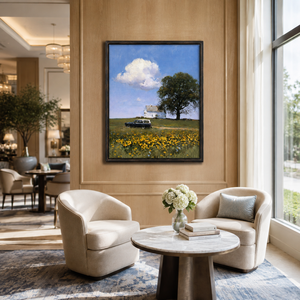 Frühlingswiesen-Bauernhaus Ölgemälde auf Leinwand, Wildblumenfeld im Vintage-Stil, Schwarz Gerahmt, Handgefertigte Wandkunst für Hotel, Villa, Wohnzimmer - Product Image 2