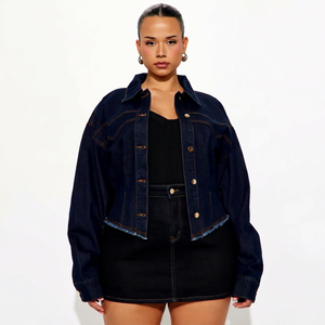 Women's Dark Wash <b>Denim</b> <b>Jacket</b> <b>Crop</b> Top Loose Fit Button Front Casual Autumn Style Solid Color Cotton Woven Coat - Product Image 1