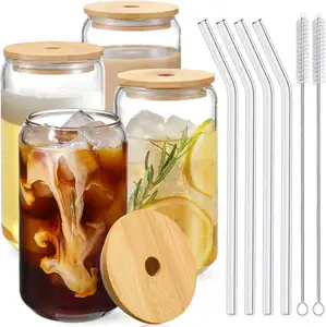 Gelas Kaca Minum Kopi 12Oz 16Oz 20Oz dengan Tutup Bambu dan Sedotan untuk Gelas Gelas Kopi Es Soda Teh