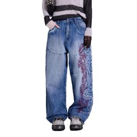 Jean décontracté à jambe large, coupe bootcut, brodé, style rétro floral vintage européen et américain, taille mi-haute, coupe droite et ample, style Y2K, pour le streetwear