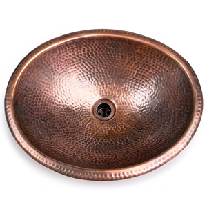 Évier ovale en cuivre martelé avec finition rustique et trou de vidange, idéal pour la salle de bain et le comptoir de cuisine - Product Image 1