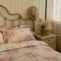 Ensemble de jupe de lit 3 pièces en coton rose à motif floral, avec volants en dentelle, imprimé réactif, style pastoral pour la maison