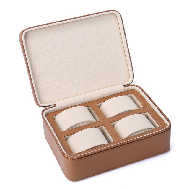 Square Microfiber Leather Zipper Watch Case 4 Watch Pillows Dustproof Soft Velvet Lining Portable Watch Storage Box Organizer