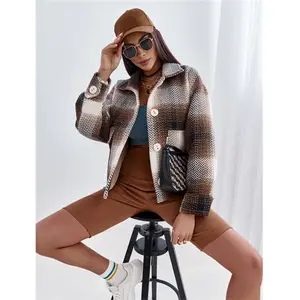 Trendy stitched woolen coat 2022 autumn and winter loose plaid lapel jacket shirt for women