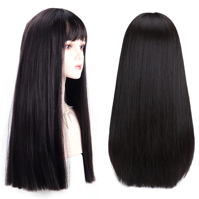 Precio de fábrica Pelucas de cabello largo y liso negro Estilo coreano Explosión de aire natural Peluca realista de cabello sintético completo para mujeres