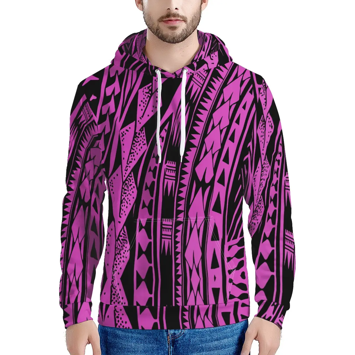 Custom Logo Digital Printed Men Hooded Sweatshirt Purple Polynesian Tribal Pattern Couples Hip-Hop Style Big pocket Hoodie