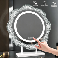 Miroir de maquillage de bureau LED avec cadre en cristal, miroir de beauté rond intelligent pour la table de maquillage de la chambre - Style Instagram