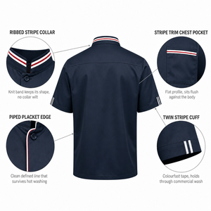 Veste de chef à manches courtes pour homme, bleu marine, col montant, simple boutonnage, uniforme de cuisine pour restaurant, café, hôtel, logo personnalisé - Product Image 4