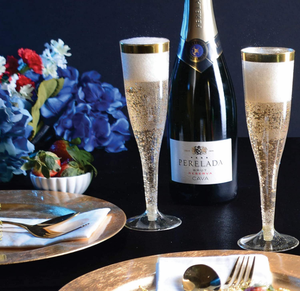 Di plastica usa e getta bicchieri di champagne con glitter oro con oro-eleganza con la montatura nera, anniversario di matrimonio e da pranzo eventi - Product Image 3