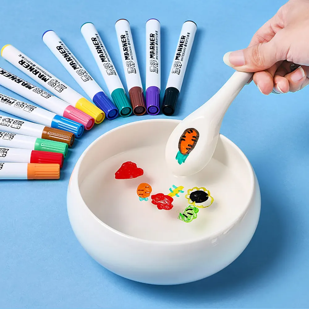12 Farben Stift markierung mit Keramik löffel Halloween Kid 3D Art Float für Oberfläche Magische Wasser malerei Magic Floating Marker Pen