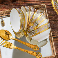 Service de table en céramique 24 pièces, vaisselle moderne de luxe, assiettes élégantes en porcelaine, bordure dorée, mariage, restaurant