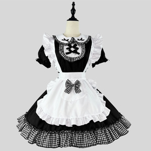 Sweet Lolita Maid Dress Wine Red With Checkered Trim Cosplay Costume For Anime Role Play - Product Image 4
