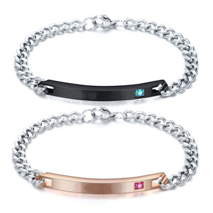 <b>Couple</b> <b>Bracelet</b> 5MM Stainless Steel Chain With Laser Engraved Plate And Gemstone Gift For Him Her - Product Image 1