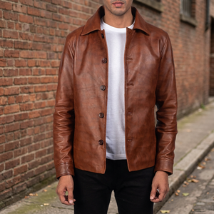 Veste en cuir véritable marron pour homme, col rabattu, simple boutonnage, style décontracté - Product Image 4