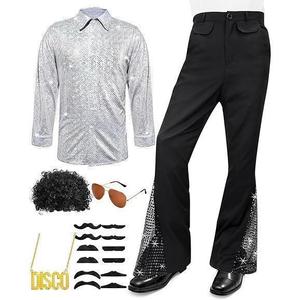 Nouvel ensemble de costume disco des années <span class=keywords><strong>70</strong></span> pour hommes - Chemise à paillettes, pantalon évasé avec <span class=keywords><strong>perruque</strong></span> afro, moustache et accessoires pour fête disco rétro d'Halloween - Product Image 4