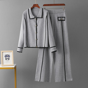 Wholesale Custom Elegant Knitted 2 Piece Cardigan Pants <b>Set</b> Sweater for Women Autumn Office Wear - Product Image 4