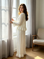 Ensemble pyjama 2 pièces en viscose pour femme, taille élastique, col ample, manches longues, séchage rapide, tissé uni, design décontracté, printemps automne