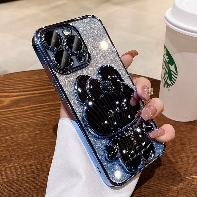 Luxury Plating Glitter Cute Rabbit Invisible Holder Makeup Mirror Phone Case for IPhone 15 14 Bracket Electroplating Soft Cover
