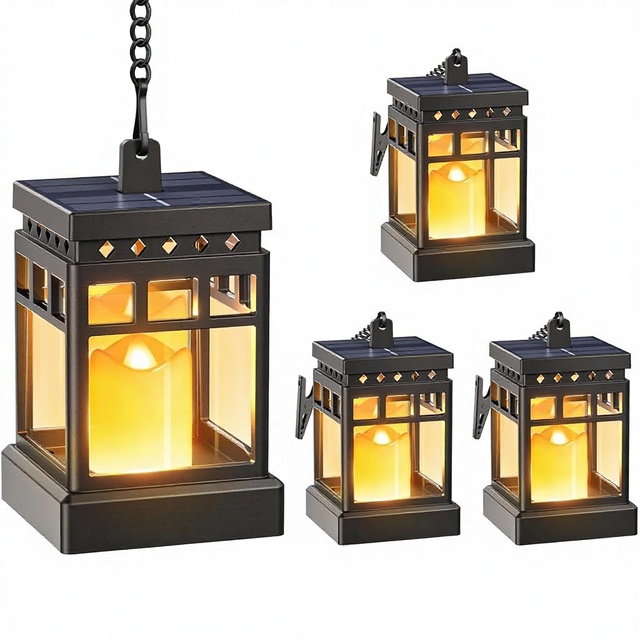 Solar Lantern Outdoor Waterproof 2 Modes Hanging LED Realistic Flickering Flameless ABS Decorative Solar Lamp for Garden Patio