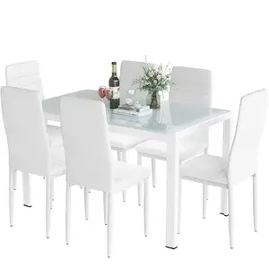 New Arrival with Leather Chair 7Pcs Tempered Glass Luxury Dining Table Set 6 Chairs Modern Glass for Restaurant Dining Table Set