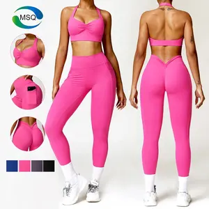 New Arrival Activewear Clothing two piece sets v back leggings sexy Front Twist Halter Sports Bra Workout Gym Fitness Sets