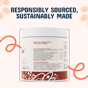 תוסף תזונה ללעיסה לכלבים, תמצית פטריות ביחס של 8:1, תומך בעור, אנרגיה ובריאות המפרקים, מכיל זנב תרנגול הודו ופטריית רעמת האריה, OEM/ODM - Product Image 3