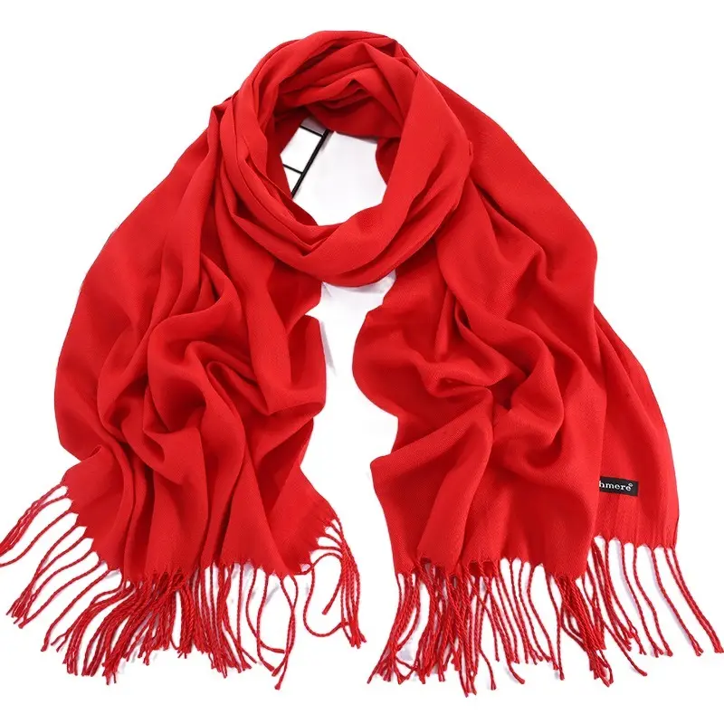 New Knitted Pure Color Cashmere Like Scarf Versatile Tassel Customized Embroidery Annual Meeting Red Scarf Shawl