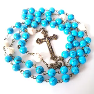 8mm Blue Turquoise Cross pendant With 10mm White Skull Mother Bronze prayer beads rosarios