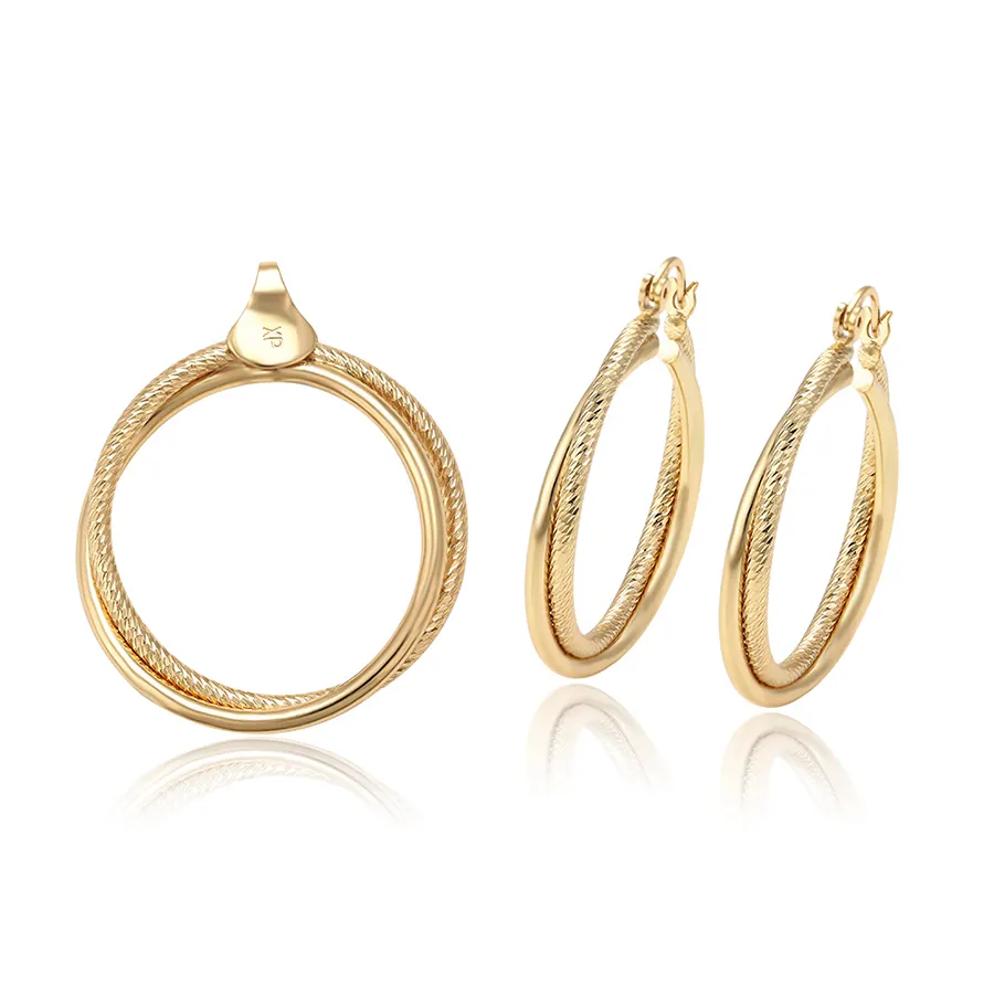 65597 xuping fashion simple jewelry luxury set 24k gold plated round rupe pendant and hoop sud earring set for lady