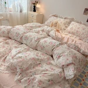Set di Biancheria da Letto in Cotone Stile Pastorale Coreano con Rose <span class=keywords><strong>Rosa</strong></span>, <span class=keywords><strong>Copripiumino</strong></span> a Doppio Strato con Volant e Pizzo Traforato - Product Image 1