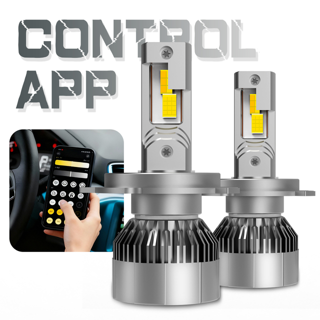 120W App Control RGB LED Headlights 3-Color White Yellow Warm Light Flash H7 H4 H11 HB3 HB4 OEM Factory Custom