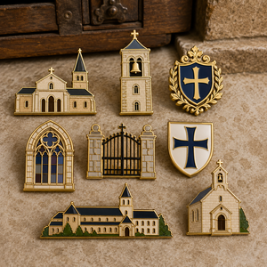 Pin de solapa metálico religioso histórico con emblema de monasterio y abadía, cruz y torre, esmaltado, personalizado, venta al por mayor, insignia de recuerdo de arte religioso - Product Image 1
