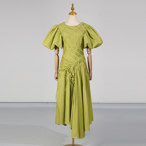 Vestido Largo Asimétrico para Mujer, Nuevo Estilo, Cuello Redondo, Manga Abullonada, Cintura Ajustada, Vestidos Plisados de Moda - Product Image 6