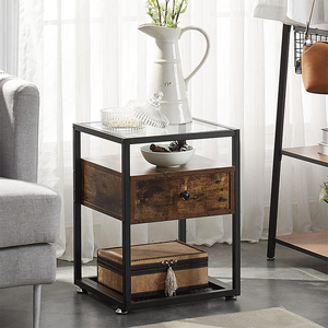 Contemporary 2-Layer <b>Glass</b> Top End <b>Table</b> with Drawer <b>Shelf</b> for Dining in Living Rooms Bedrooms Offices Hotels Factory ODM & OEM - Product Image 4