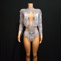 Tenues de Pole Dance à Manches Longues avec Franges, Pierres et Cristaux – Combinaison Courte Moulante pour Femme