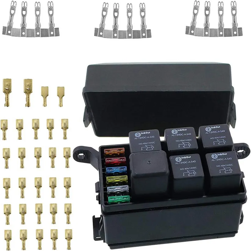 Metallic Pins 12 Slot ATC/ATO Fuse Holder Relay Box 6 Relays 6 Blade 12V 40A relays fuses for Automotive and Marine Use