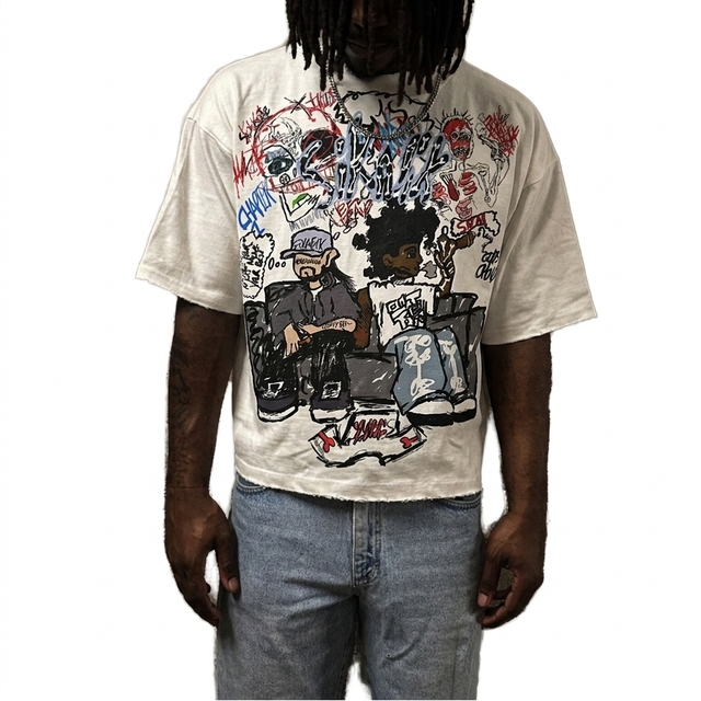 Vintage Washed Men's Oversized T-Shirt Graffiti Cartoon Graphic Print Raw Hem Cropped Streetwear Cotton Short Sleeve Tee