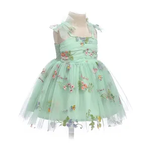 Floral Butterfly Tulle Sleeveless Summer Dress Strap Design Smocked Back Knee Length Princess Party Kids Dresses