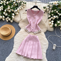 Diamant clouté crochet et fleur épissage taille cintré haut sans manches taille haute jupe plissée français deux pièces Collection