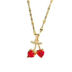Collier pendentif cerise en zircon plaqué or 18 carats en acier inoxydable hypoallergénique pour femme, collier cerise <span class=keywords><strong>rouge</strong></span> doux pour femme - Product Image 6