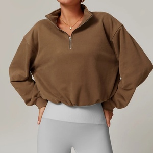 Nouveau sweat-shirt à capuche court pour femme, tissé, à manches longues, col montant, imprimé avec logo frontal, pour le fitness, la course et l'entraînement - Product Image 2