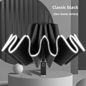 Grande semiautomatico in vinile nero dodici costole Reverse Uv ombrello con nastro riflettente colore manico resistente alle tempeste Business - Product Image 3