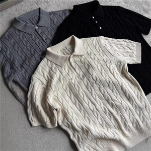 Suéter de Punto Trenzado de Manga Corta con Cuello Polo, Color Sólido Gris, Negro, Caqui, Tops de Punto para Mujer, Estilo Primavera-Verano para Adolescentes - Product Image 2