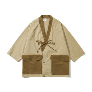 2025 OEM urbano Retro japonés Streetwear suelta Kimono camisa hombres verano Color bloque bolsillo <span class=keywords><strong>Haori</strong></span> Casual Oversized Breeze camiseta - Product Image 2