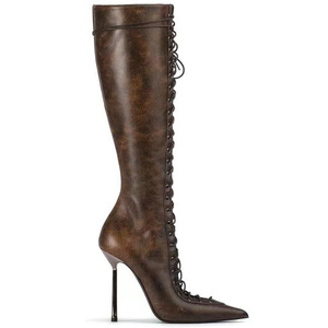 Women's Pointed Toe Lace-Up Front Cut <b>Knee</b>-<b>High</b> Boots PU Solid Stiletto Slim Heels Side Zipper Big Size 44 Western Style - Product Image 4