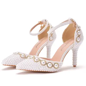 Bride Wedding Shoes for Women Heeled Sandals Beaded Rhinestone Wholesale Large Size White PU Adult Rubber Solid Summer Slippers