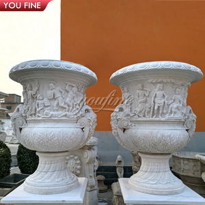 YOUFINE Coppia di Urne Decorative in Marmo Bianco Naturale con Rilievo di Cherubini e Fiori, Vaso in Pietra Intagliata a Rosa con Piedistallo Quadrato per Giardino e Villa - Product Image 3