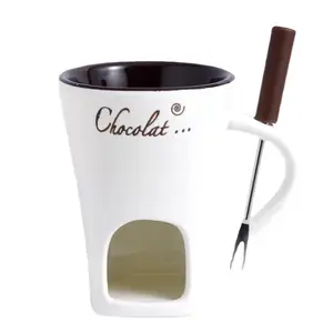 European Swiss Ice Cream Cheese Chocolate melting stove porcelain hot pot Cup with fork for candle ceramic chocolate fondue mug