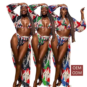 Traje de baño personalizado de tres piezas para mujer, conjunto de Bikini con estampado africano, ropa de playa Sexy para mujer